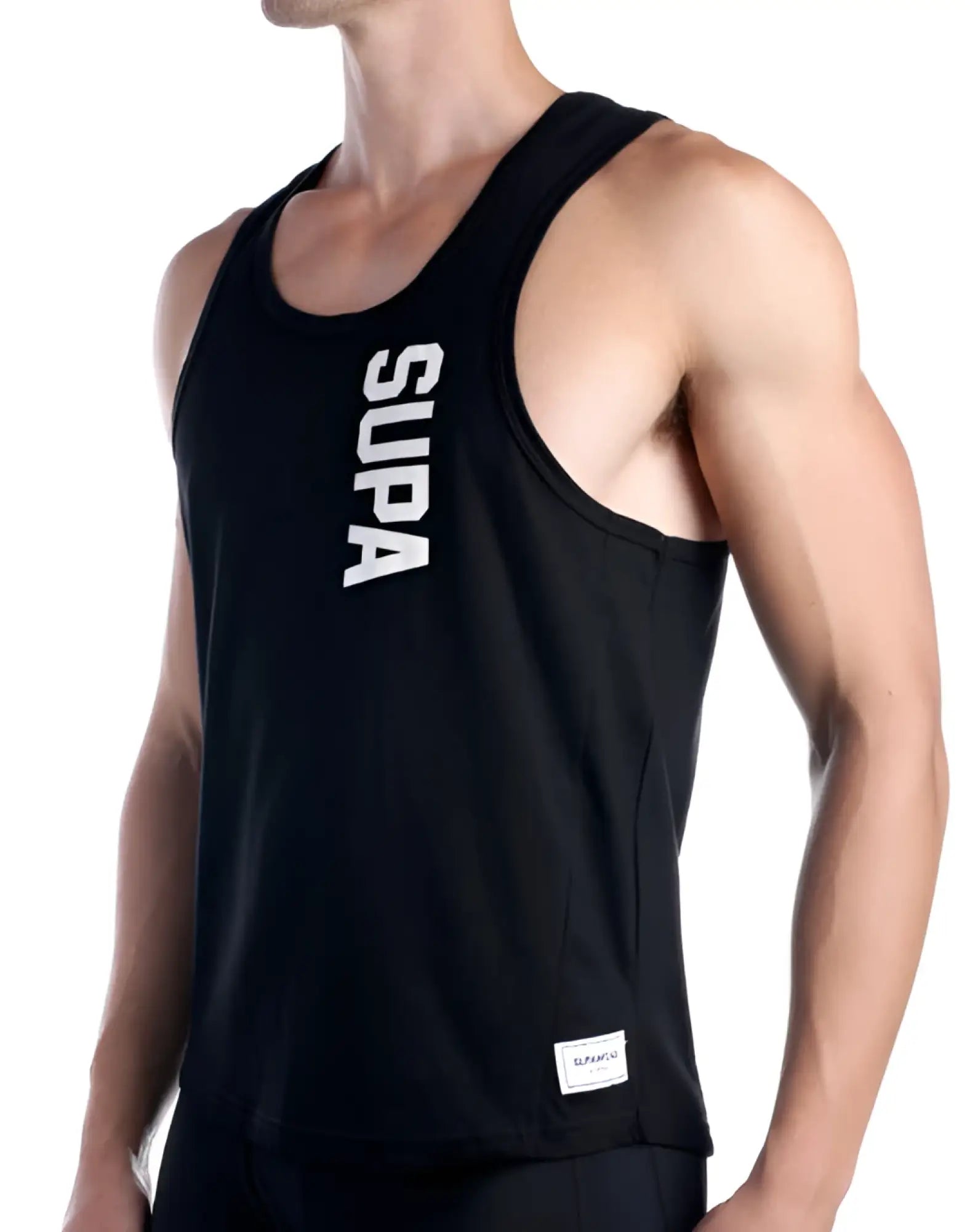 Black supa tank top with white vertical lettering on the left side and a small brand tag at the bottom hem
