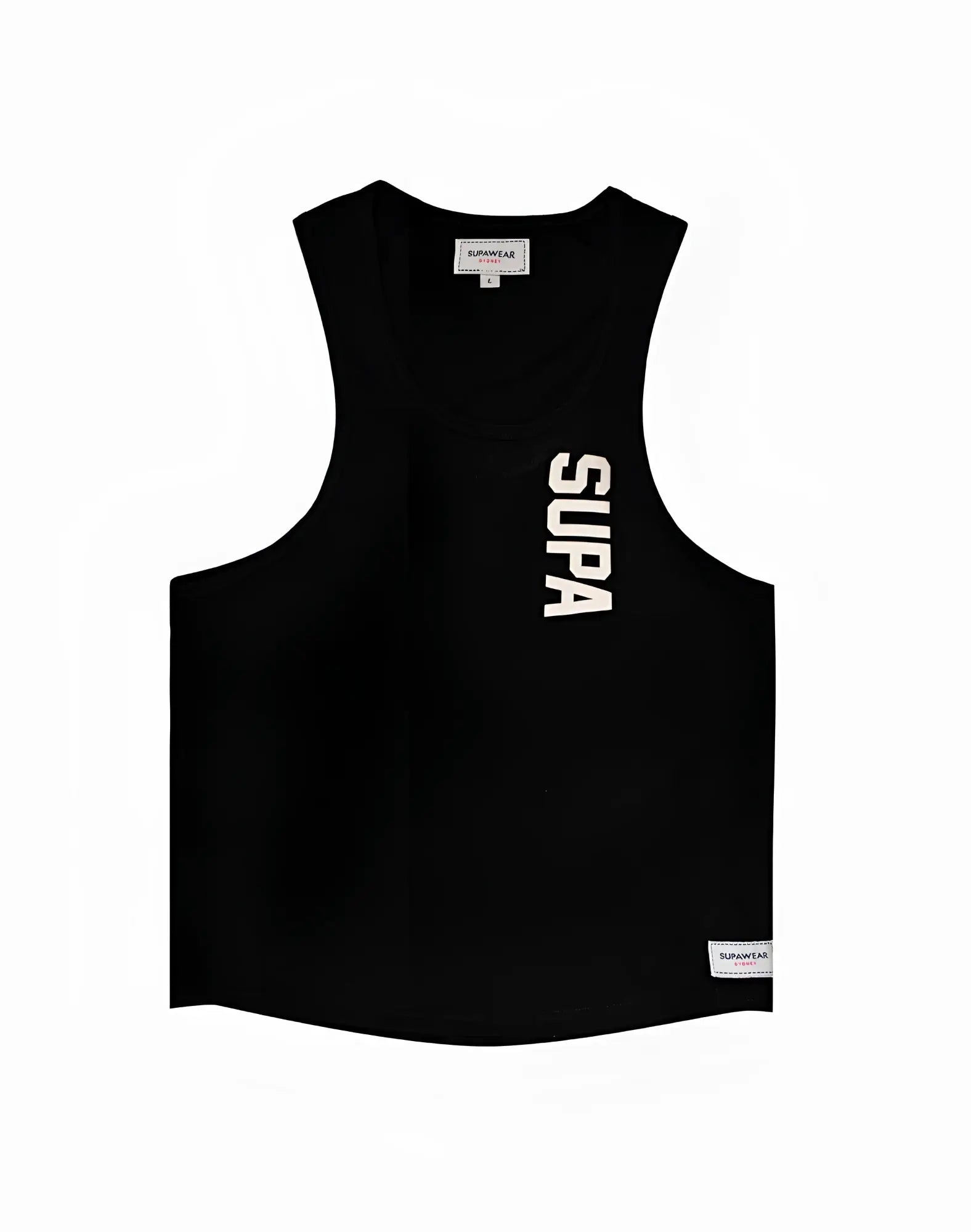 Black supa tank top with white vertical lettering on the front from SUPAWEAR strike singlet charcoal collection