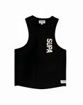 Black supa tank top with white vertical lettering on the front from SUPAWEAR strike singlet charcoal collection