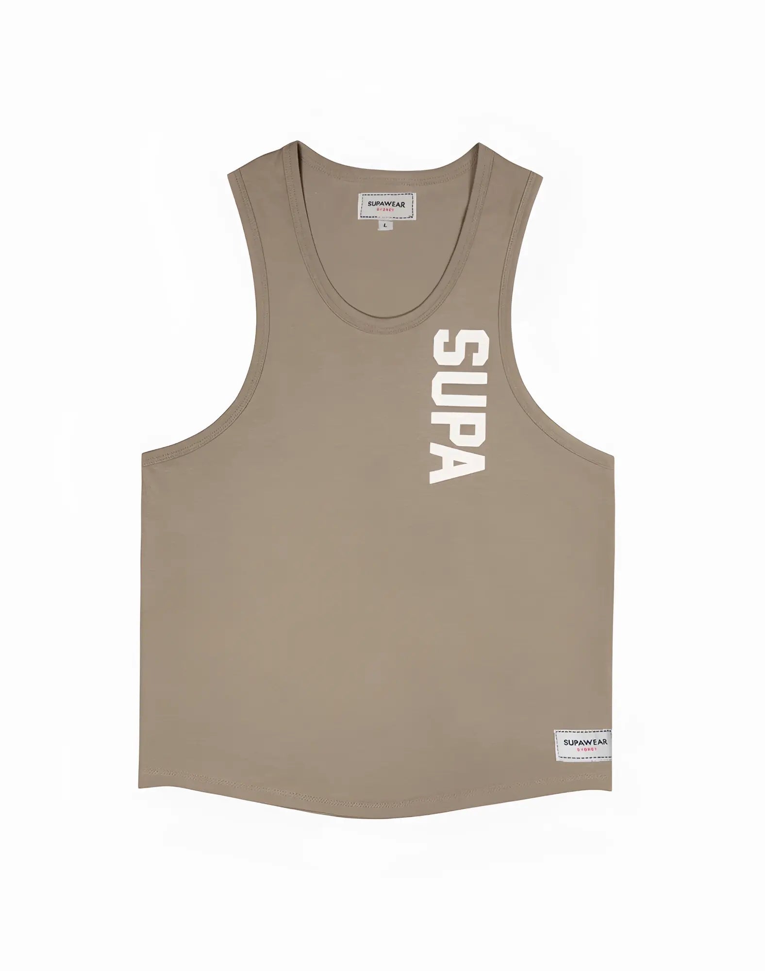 Beige supawear strike singlet tank top with white vertical lettering on front in soft walnut fabric