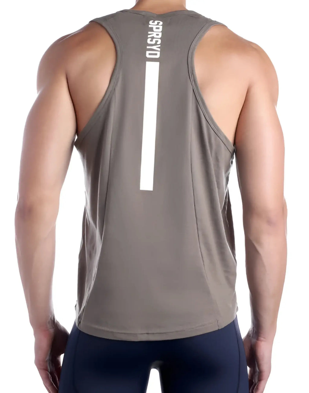 Back view of supawear strike singlet walnut gray athletic tank top with white vertical branding down the back