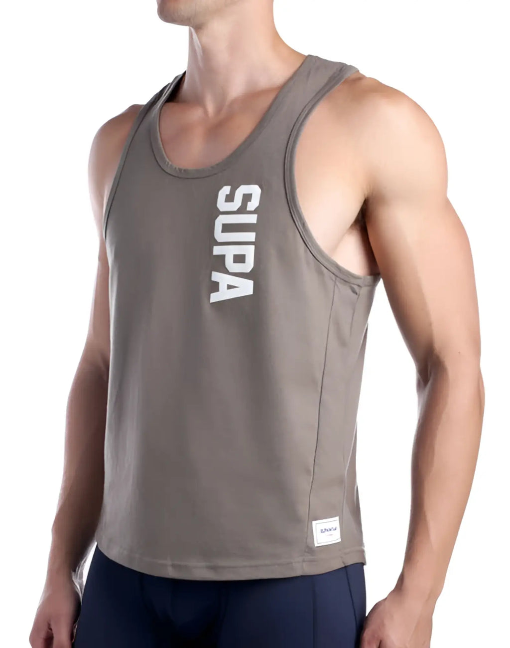 Gray supawear strike singlet tank top with white vertical lettering on front made from lightweight fabric for workouts