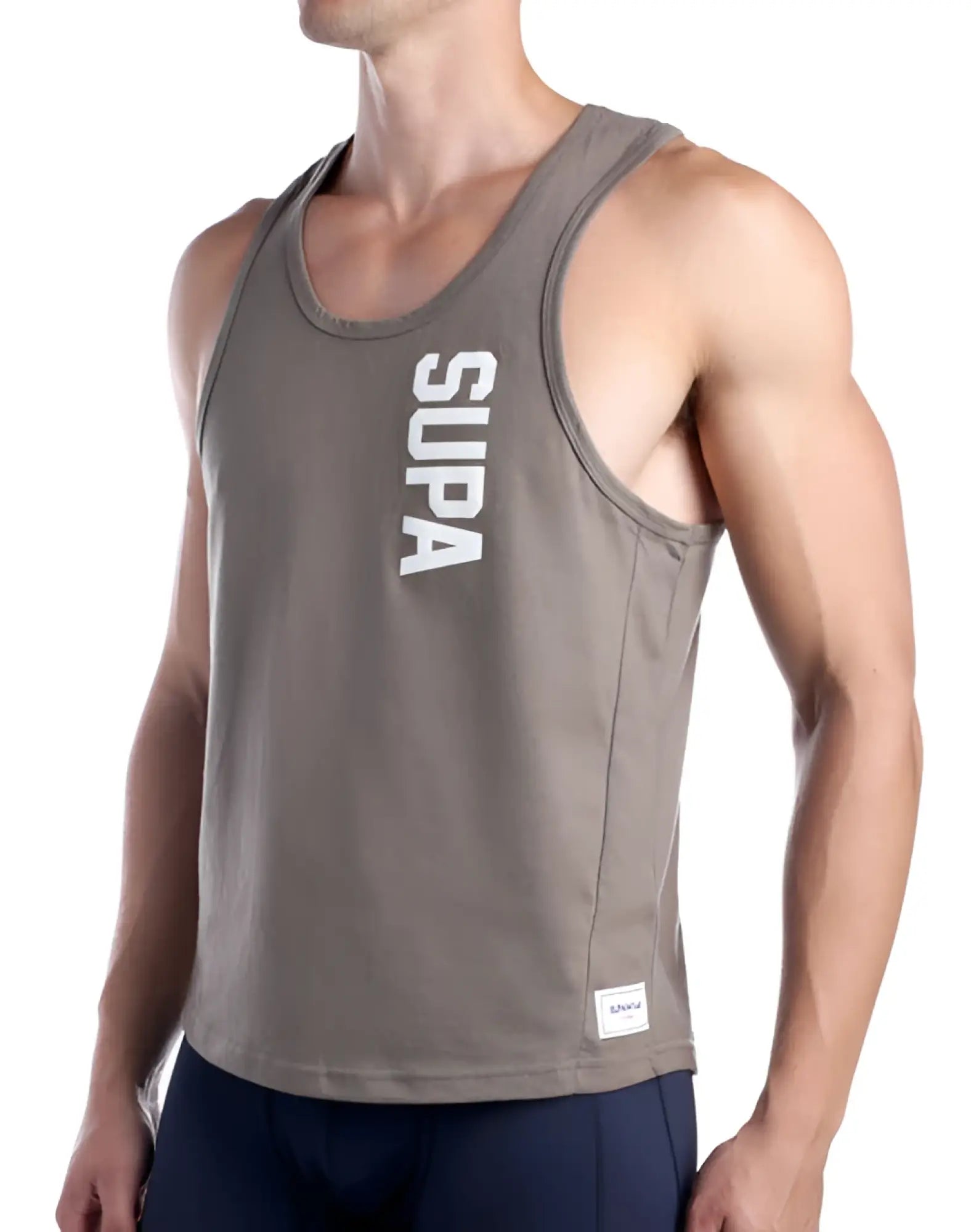 Gray supawear strike singlet tank top with white vertical lettering on front made from lightweight fabric for workouts