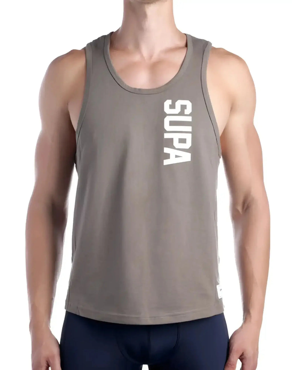 A gray supawear strike singlet tank top with white vertical lettering on the front in walnut style