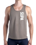 A gray supawear strike singlet tank top with white vertical lettering on the front in walnut style