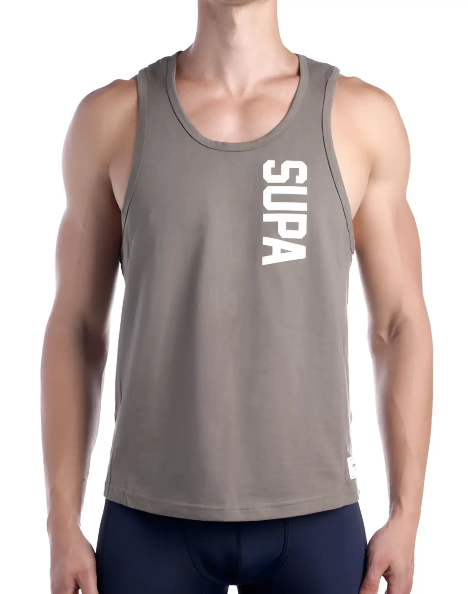 A gray supawear strike singlet tank top with white vertical lettering on the front in walnut style