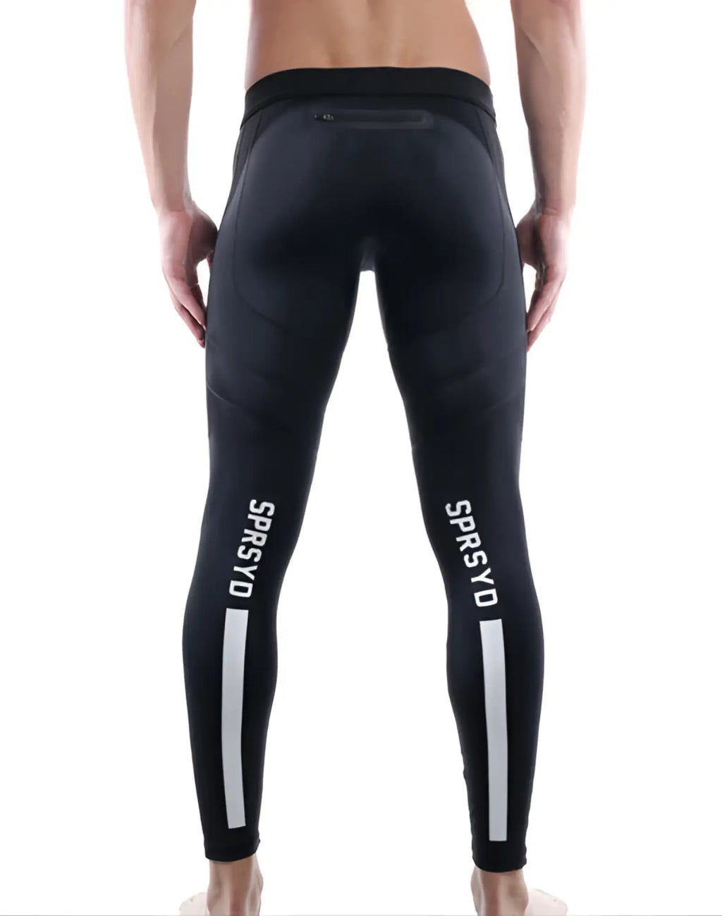 Black supawear strike tights with white vertical stripes and sprsyd branding on the outer thigh