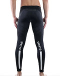 Black supawear strike tights with white vertical stripes and sprsyd branding on the outer thigh