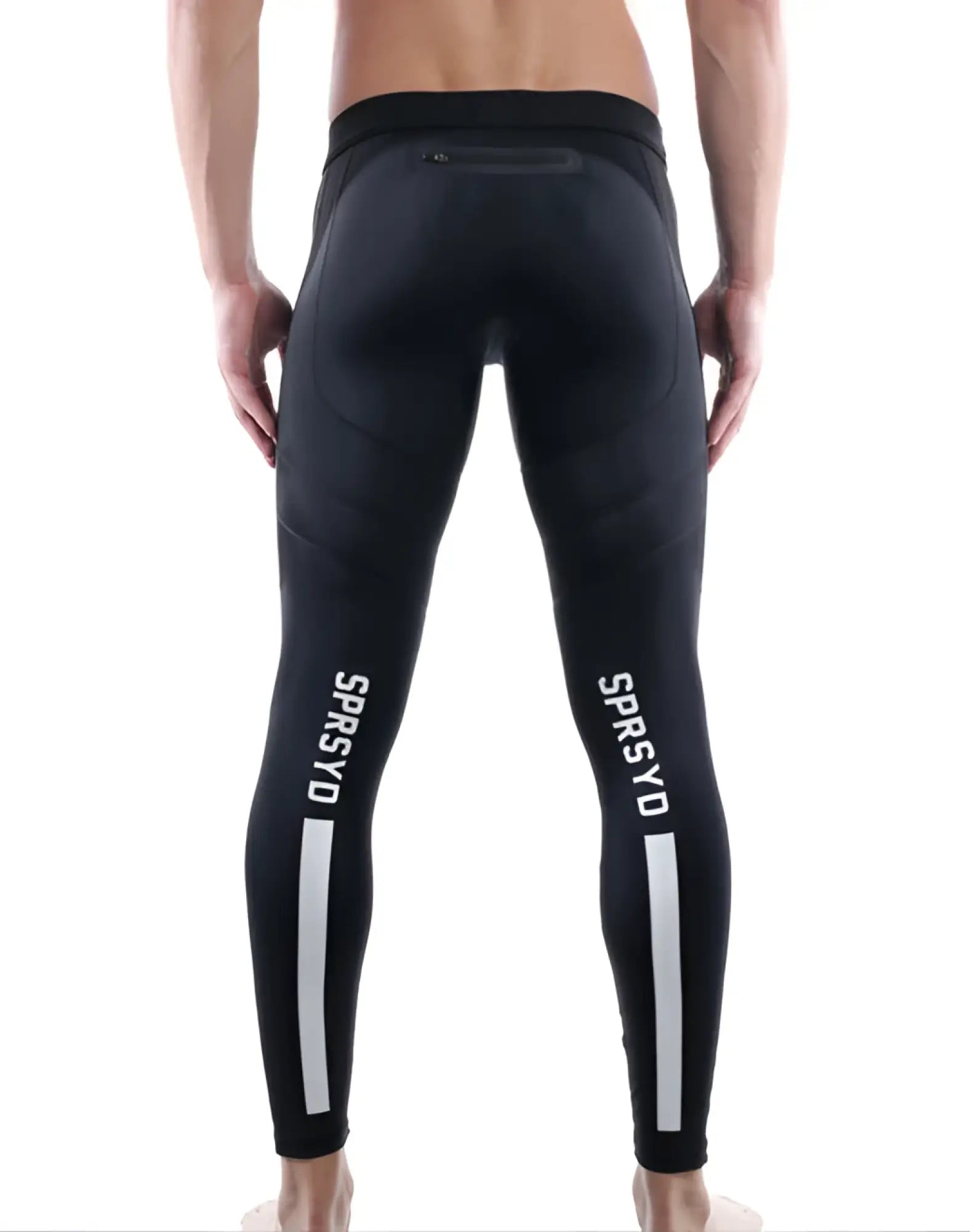 Black supawear strike tights with white vertical stripes and sprsyd branding on the outer thigh