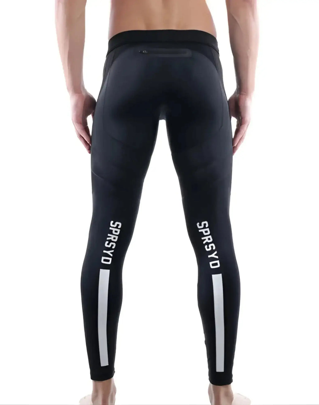 Black supawear strike tights with white vertical stripes and sprsyd branding on the outer thigh