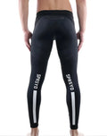 Black supawear strike tights with white vertical stripes and sprsyd branding on the outer thigh