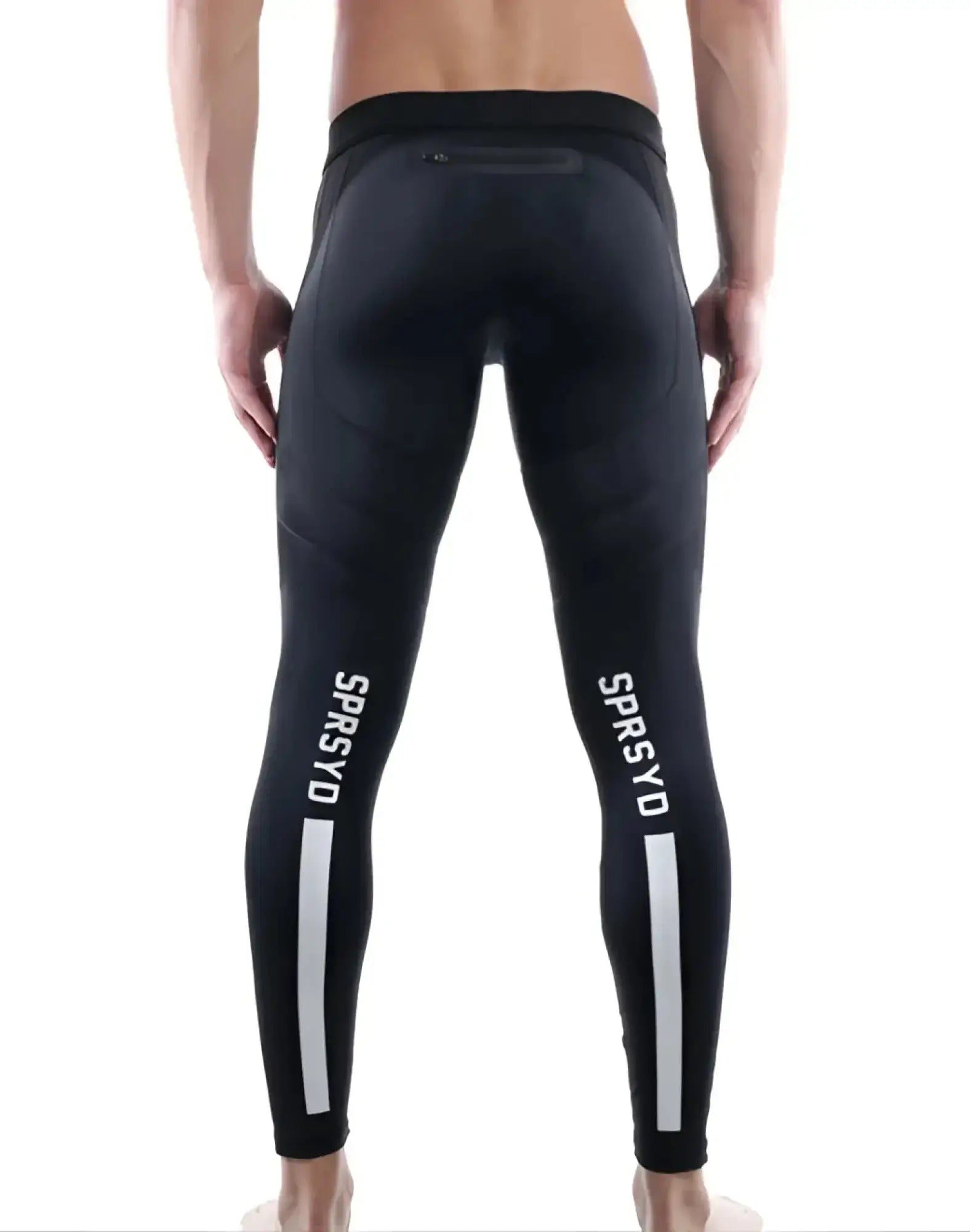 Black supawear strike tights with white vertical stripes and sprsyd branding on the outer thigh