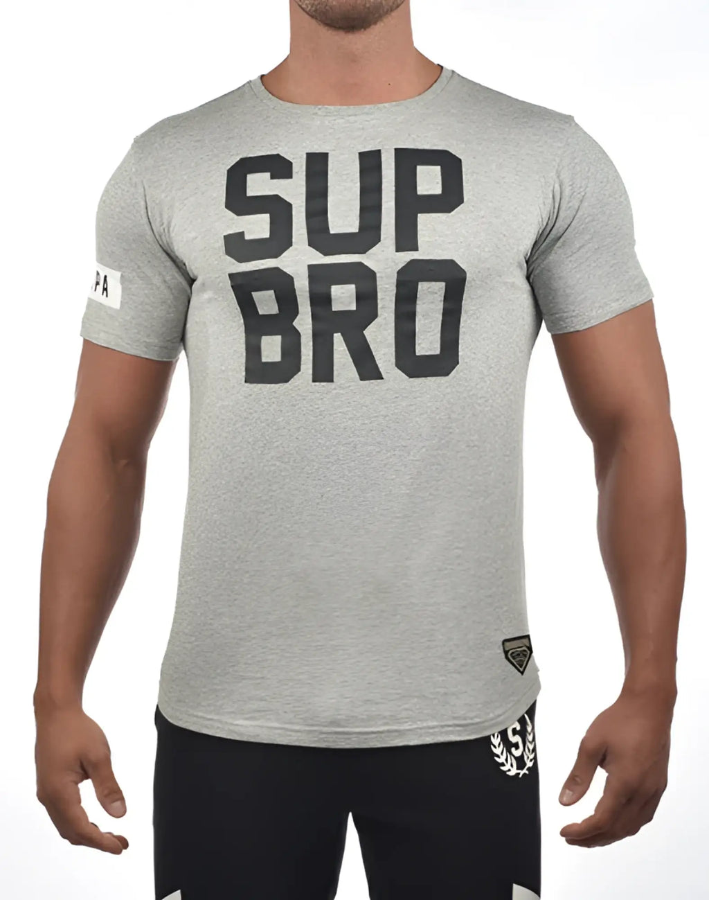 Gray heathered cotton SUPAWEAR SUP t-shirt with bold black sup bro lettering across the chest