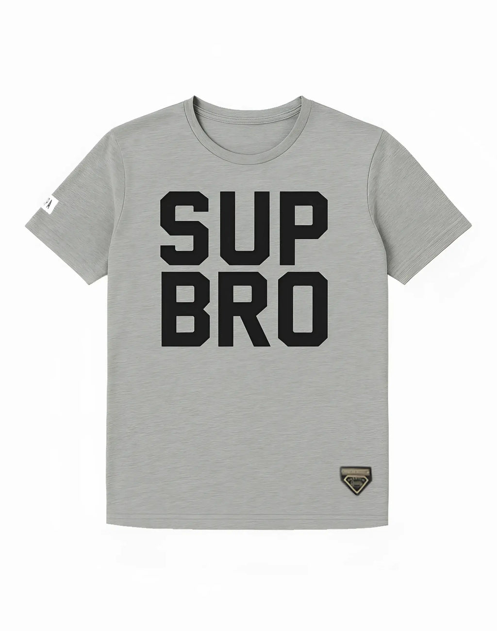 Gray heathered cotton SUPAWEAR SUP t-shirt with bold black sup bro lettering across the chest