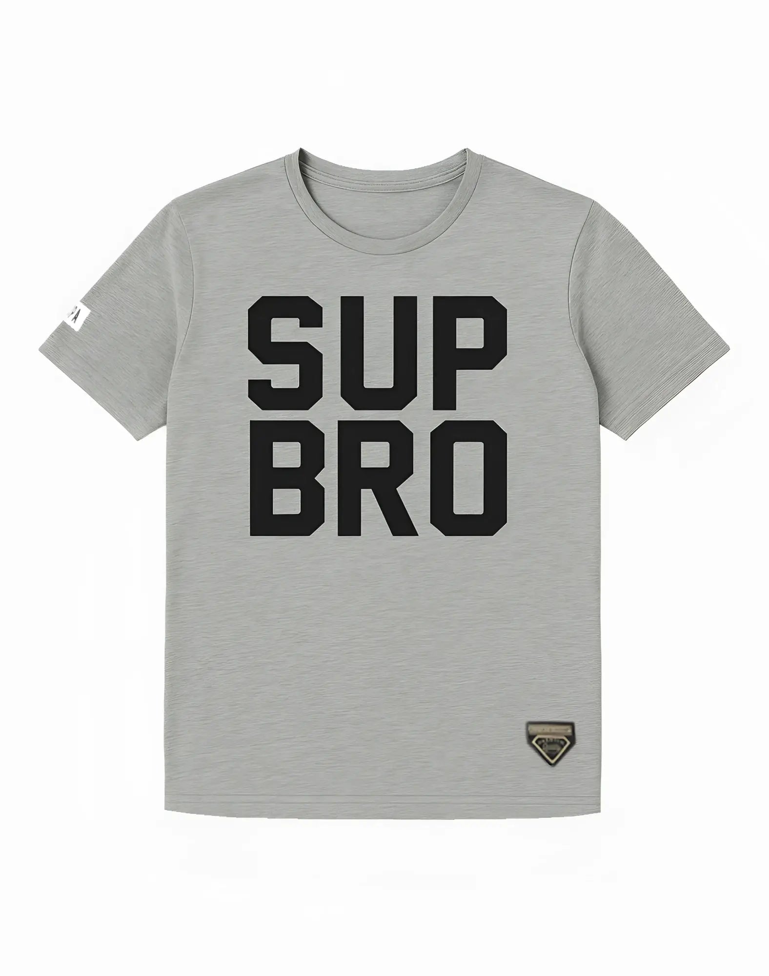 Gray heathered cotton SUPAWEAR SUP t-shirt with bold black sup bro lettering across the chest