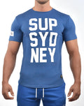 Blue heathered supawear sup t-shirt navy marle with bold white sup sydney lettering across the chest