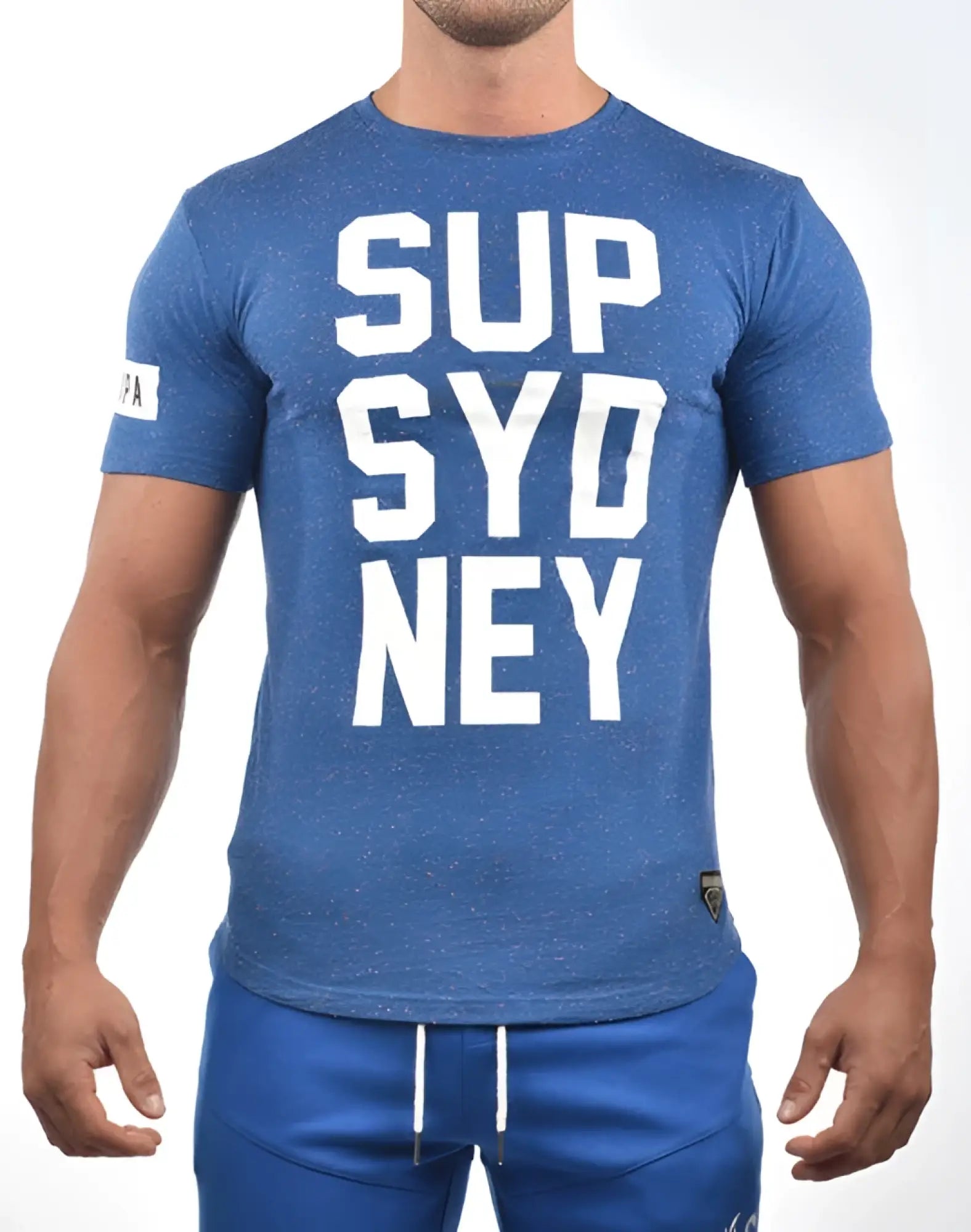 Blue heathered supawear sup t-shirt navy marle with bold white sup sydney lettering across the chest