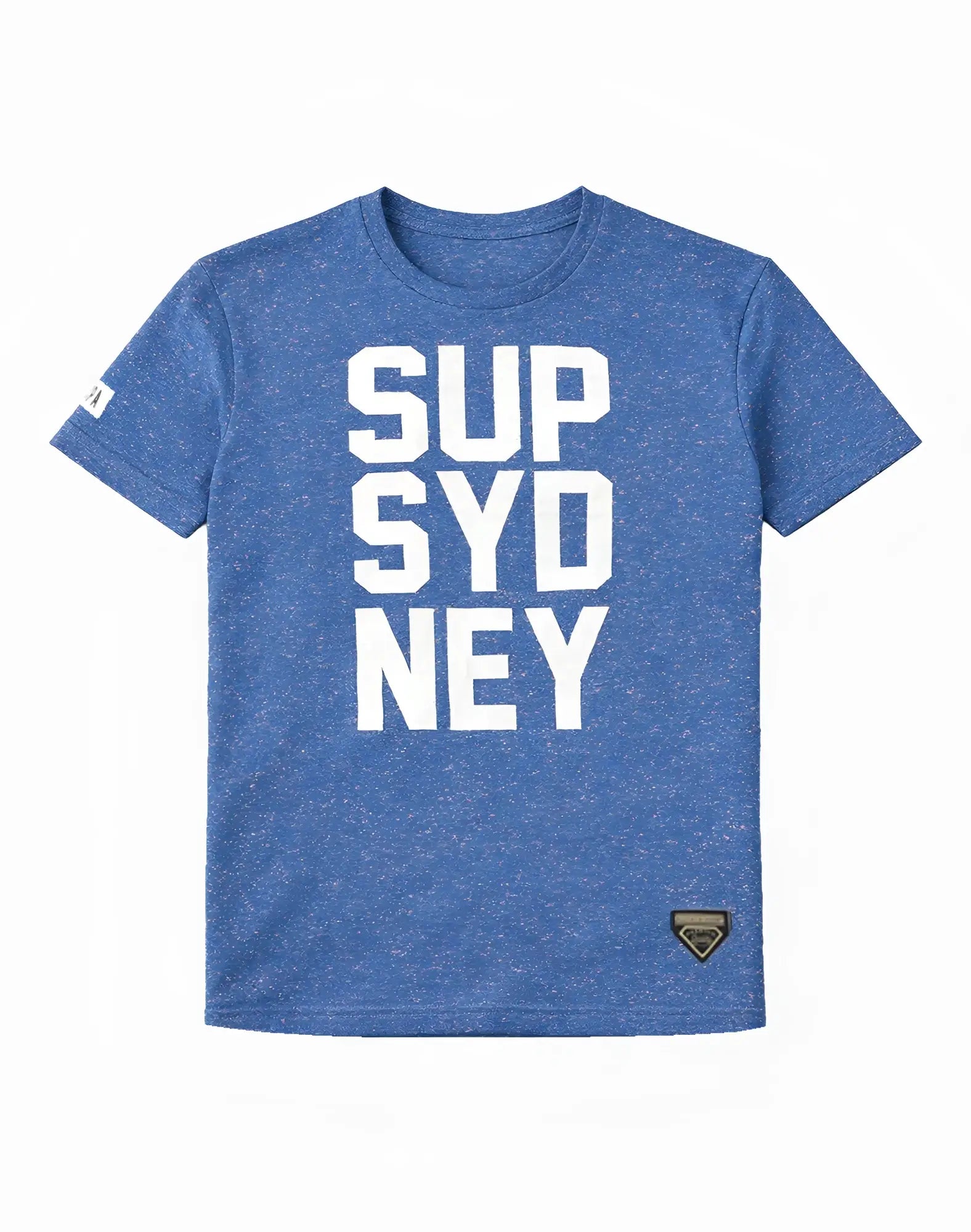 Blue heathered cotton SUPAWEAR SUP t-shirt in navy marle with bold white sup sydney lettering on the chest