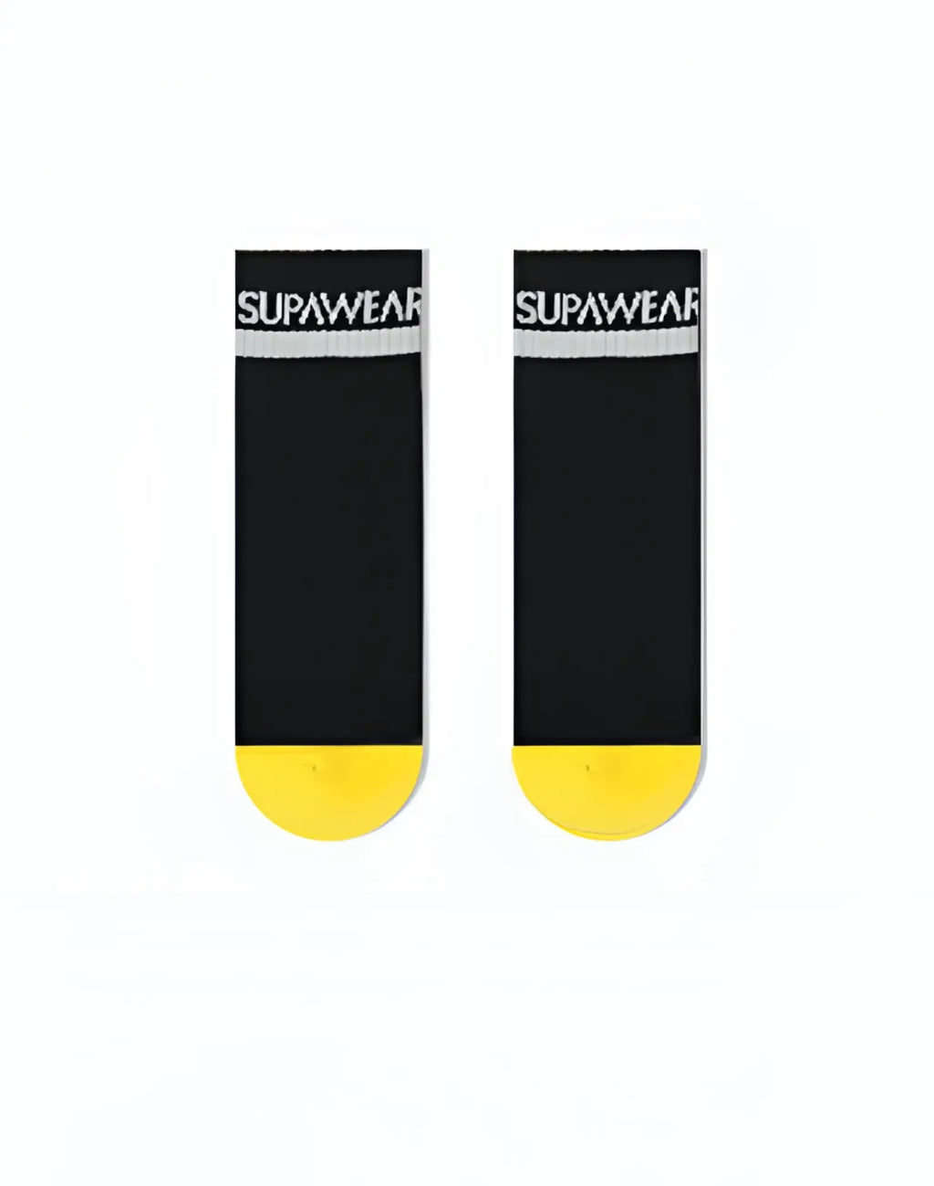 Black supawear supa ankle socks with a white logo band and bright yellow toe caps designed for everyday wear