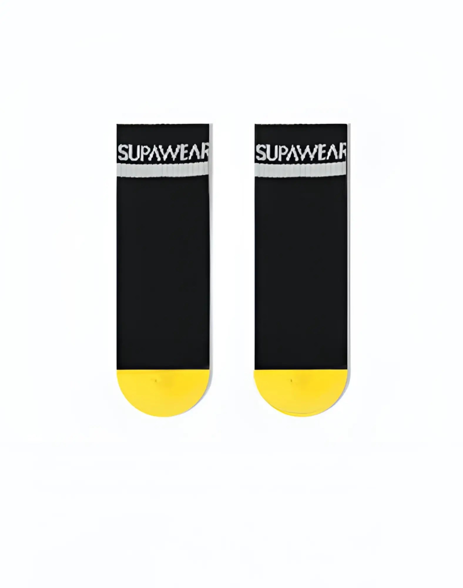 Black supawear supa ankle socks with a white logo band and bright yellow toe caps designed for everyday wear