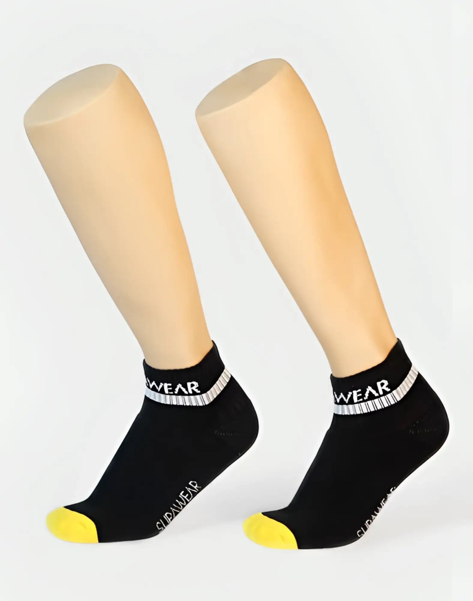 Black cleawear SUPAWEAR SUPA ankle socks with white striped band and yellow toe tips for everyday comfort