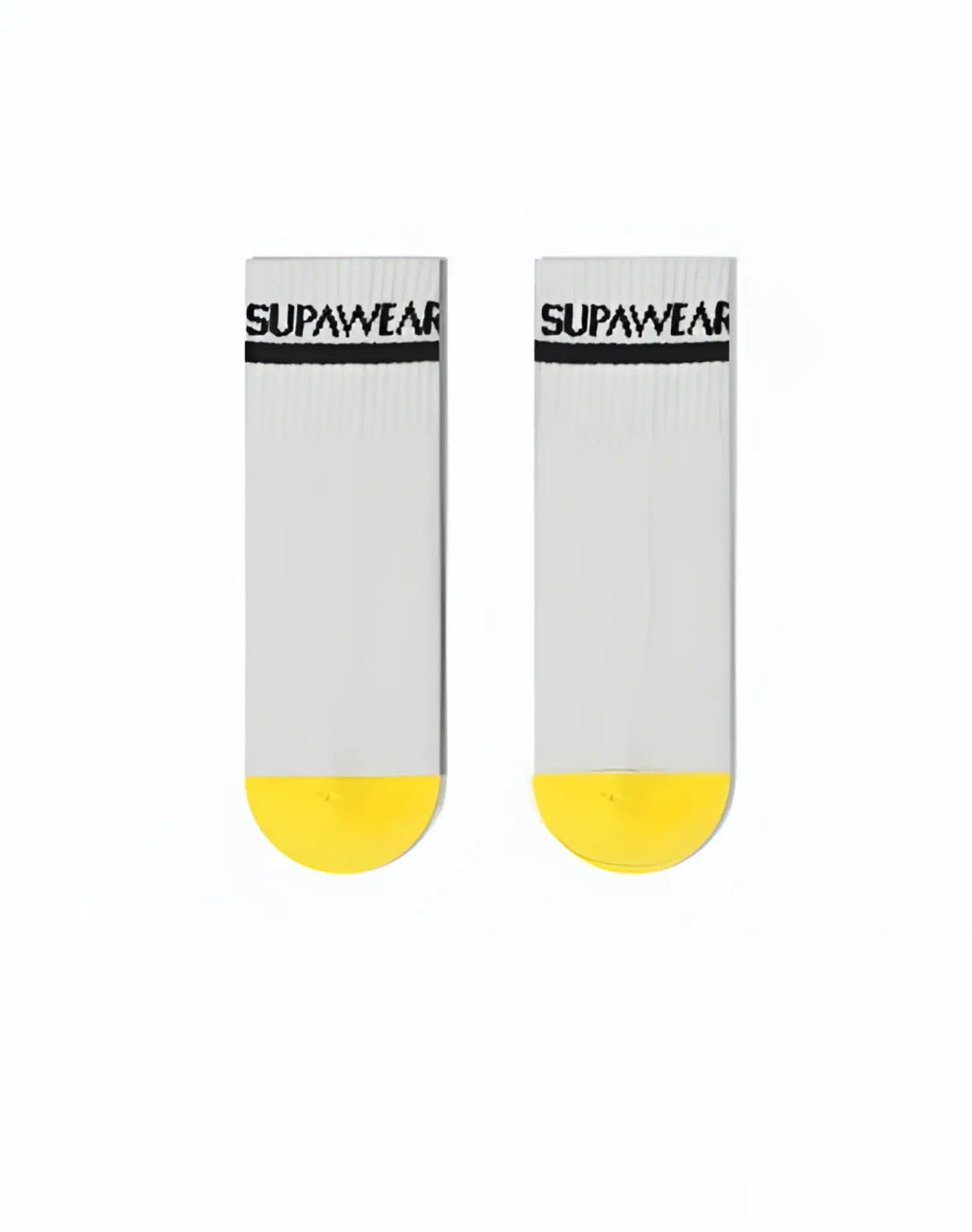 SupaWear supa ankle socks in white featuring black branding and a bright yellow toe for everyday comfort