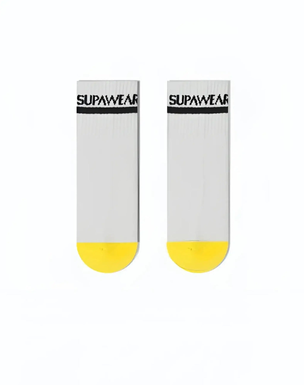 SupaWear supa ankle socks in white featuring black branding and a bright yellow toe for everyday comfort