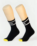 SupaWear supa crew socks black with white stripes yellow toe and a logo designed for athletic use