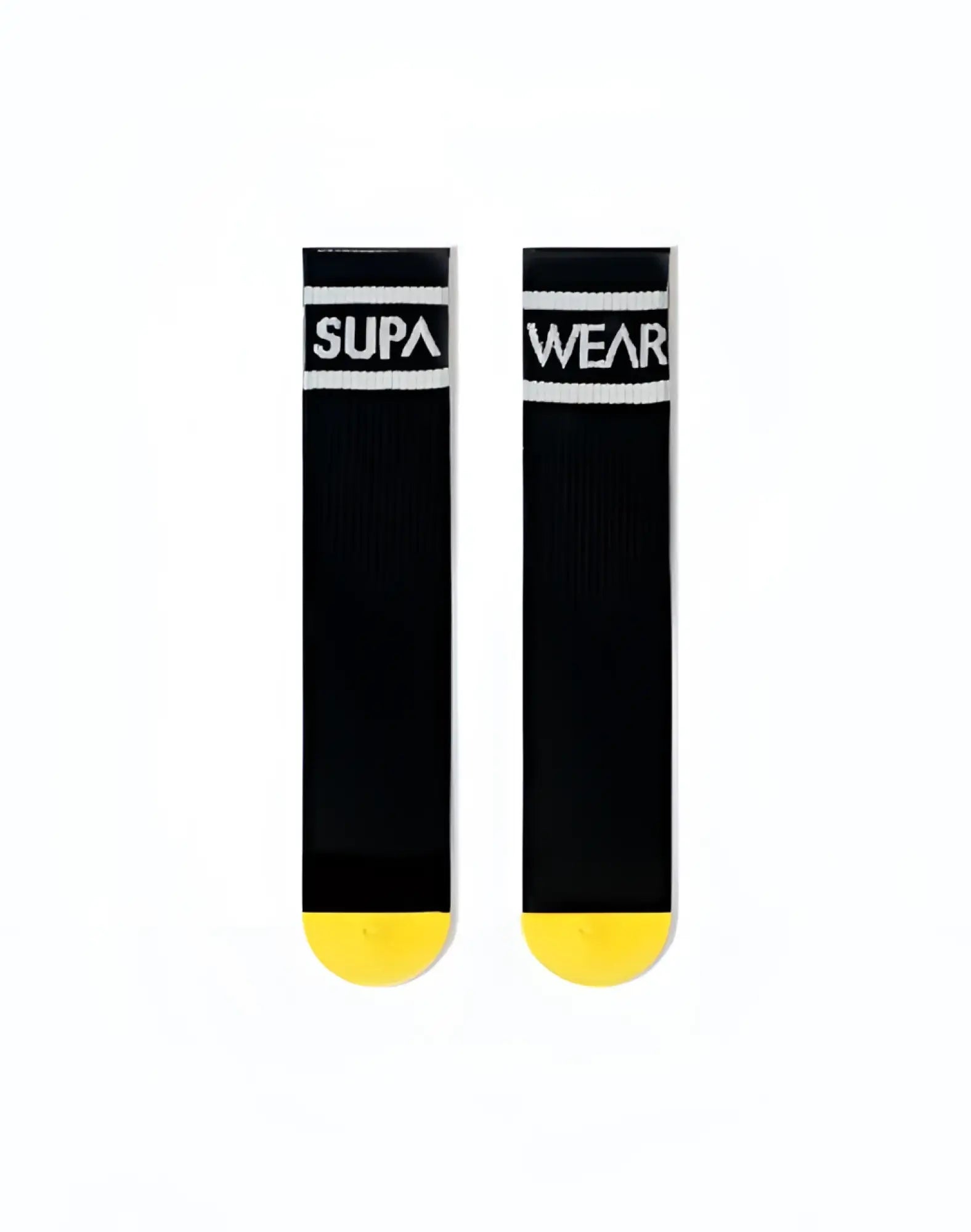 SupaWear supa crew socks black with white lettering and yellow toe caps in one size