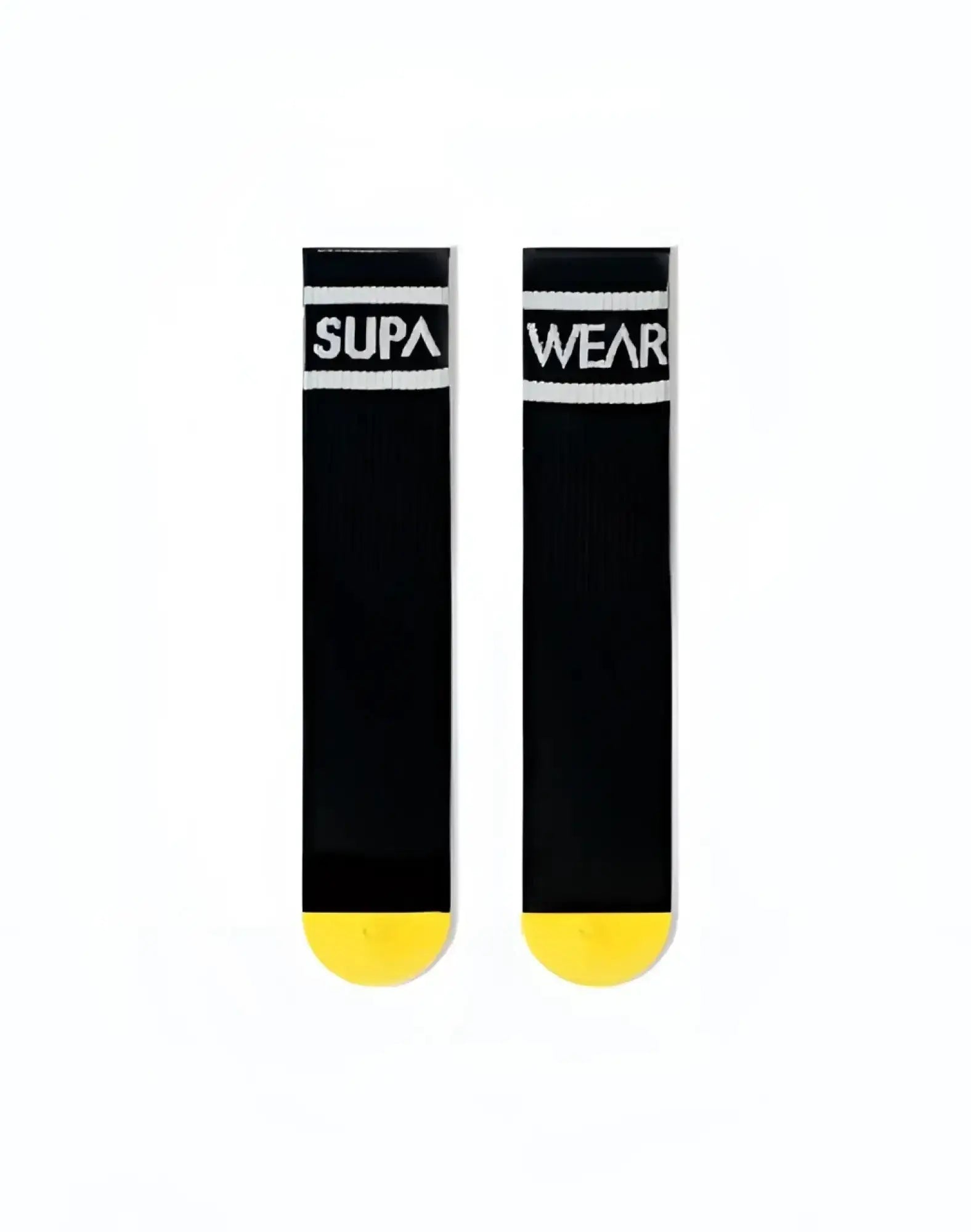 SupaWear Supa crew socks in black with white lettering and yellow toe caps perfect for casual wear