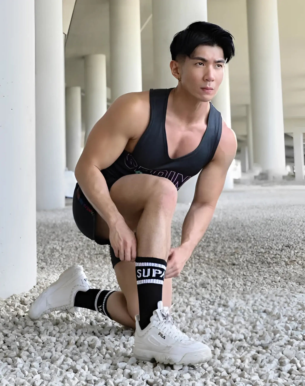 SupaWear supa crew socks in black with white stripes and bold logo on the cuff in one size