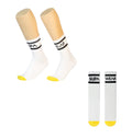 White supawear supa crew socks featuring black branding and yellow toe tips for casual wear