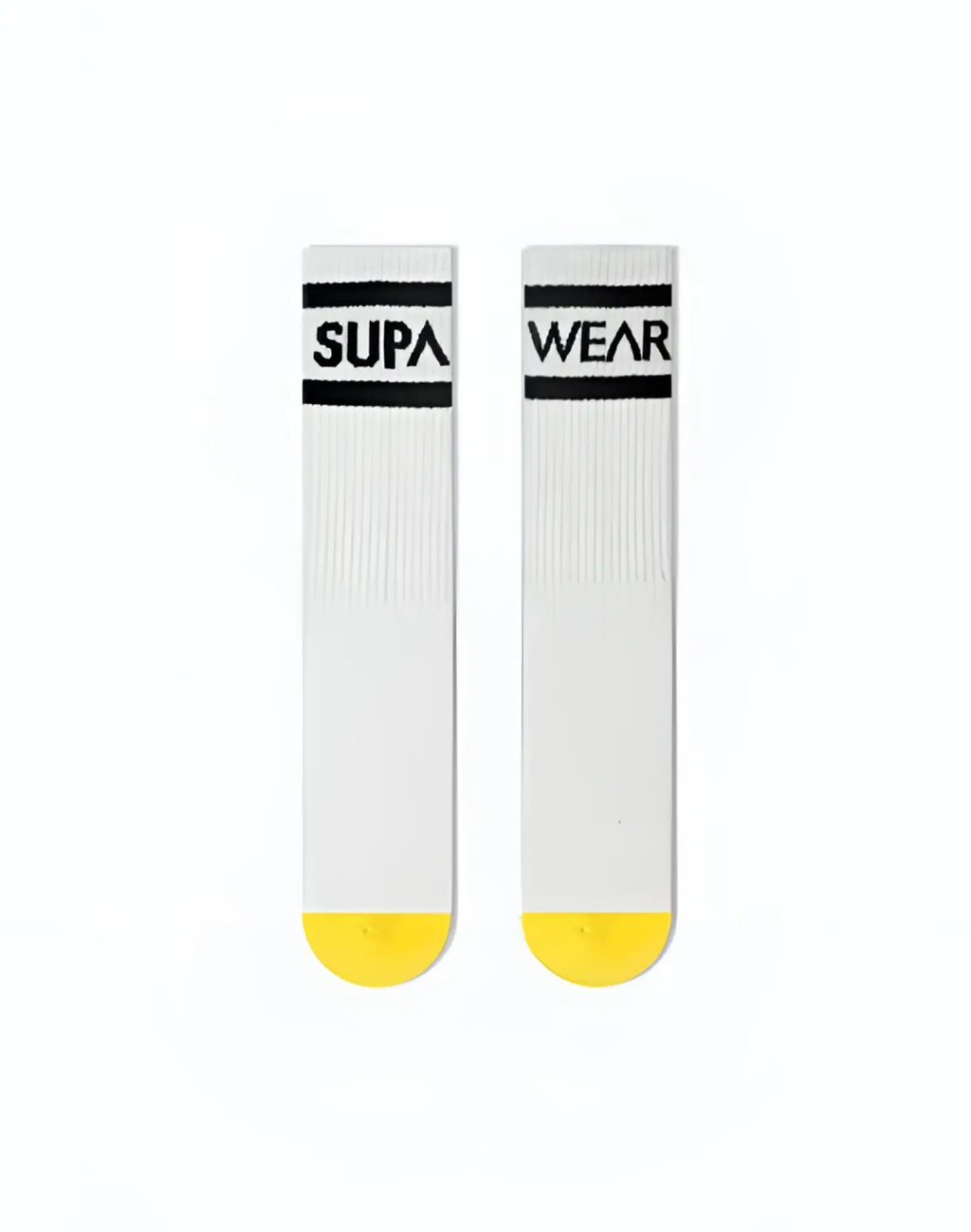 White supawear supa crew socks with black branding and yellow toe caps designed for comfortable everyday wear