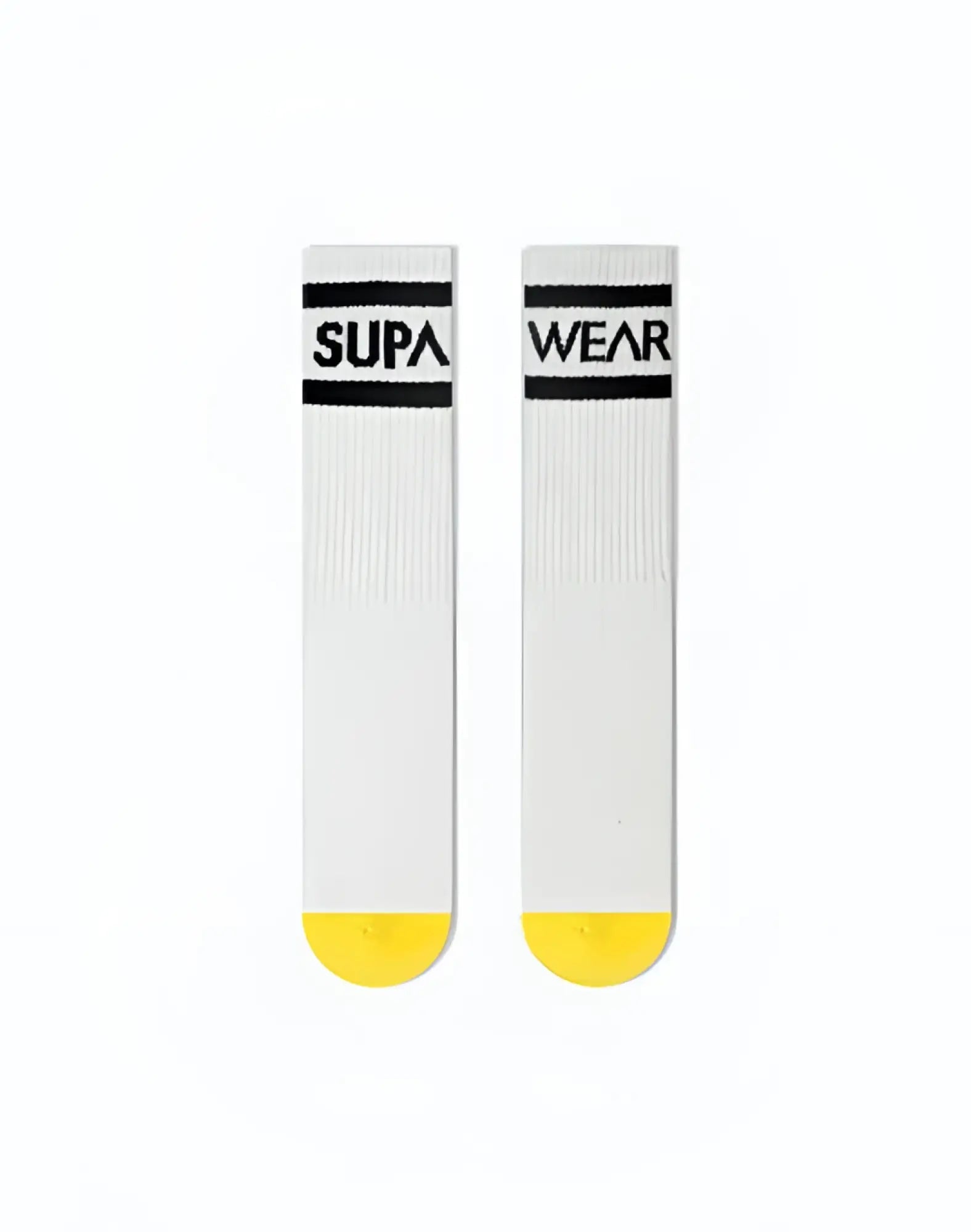 White supawear supa crew socks with black branding and yellow toe caps designed for comfortable everyday wear