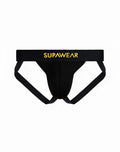 Black supawear just supa jockstrap briefs with gold lettering on waistband for stylish athletic underwear wear