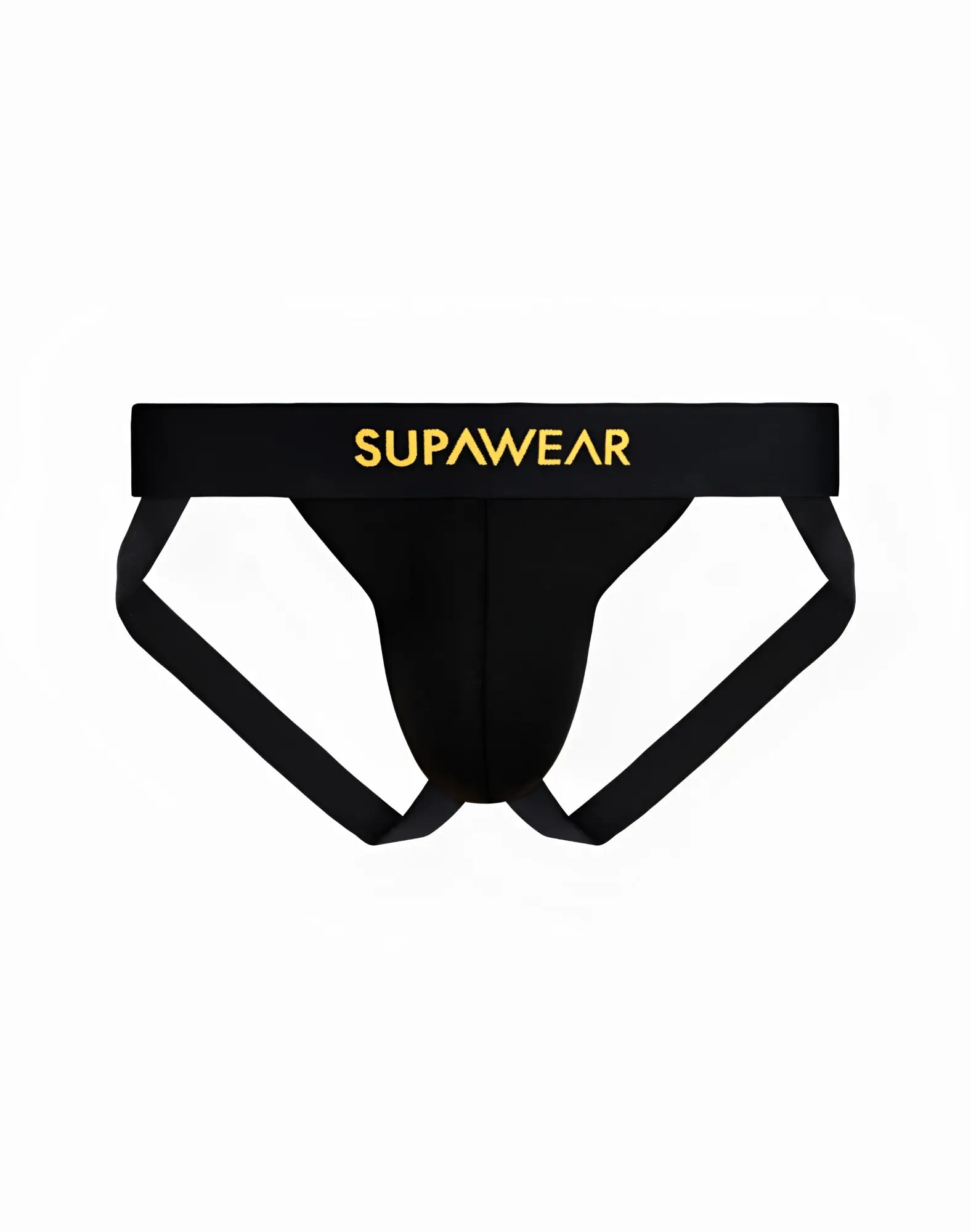 Black supawear just supa jockstrap briefs with gold lettering on waistband for stylish athletic underwear wear