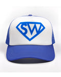 Blue and white SUPAWEAR SUPA-MAN cap trucker hat with bold blue superman-style logo on front panel