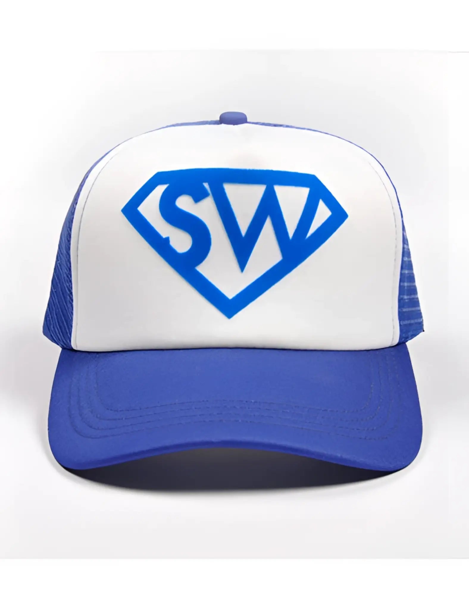 Blue and white SUPAWEAR SUPA-MAN cap trucker hat with bold blue superman-style logo on front panel