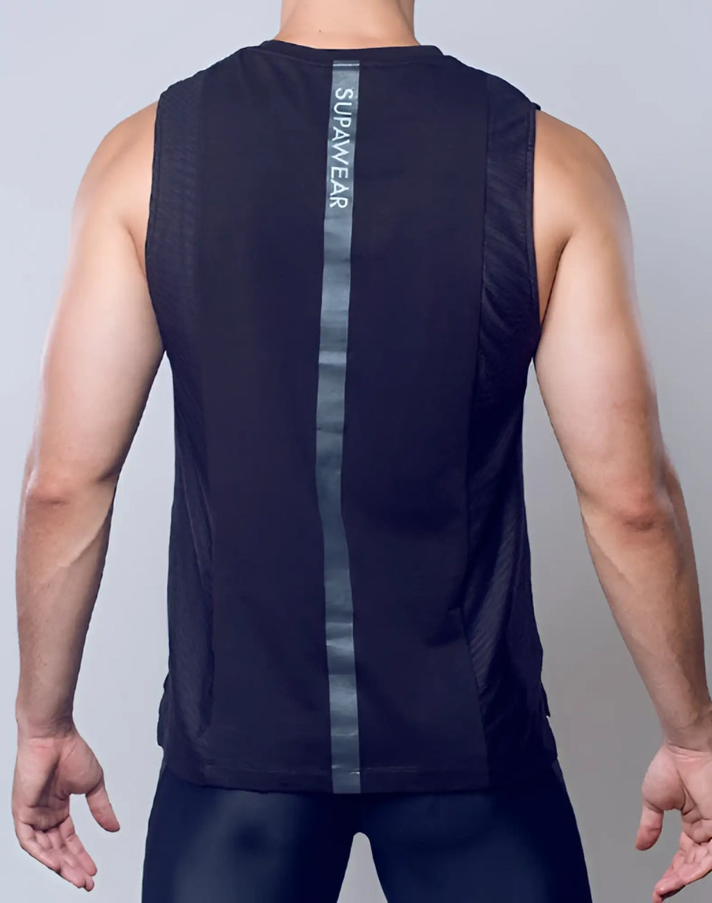 Back view of supawear supa pro singlet mesh sleeveless black athletic tank top with gray reflective stripe and branding