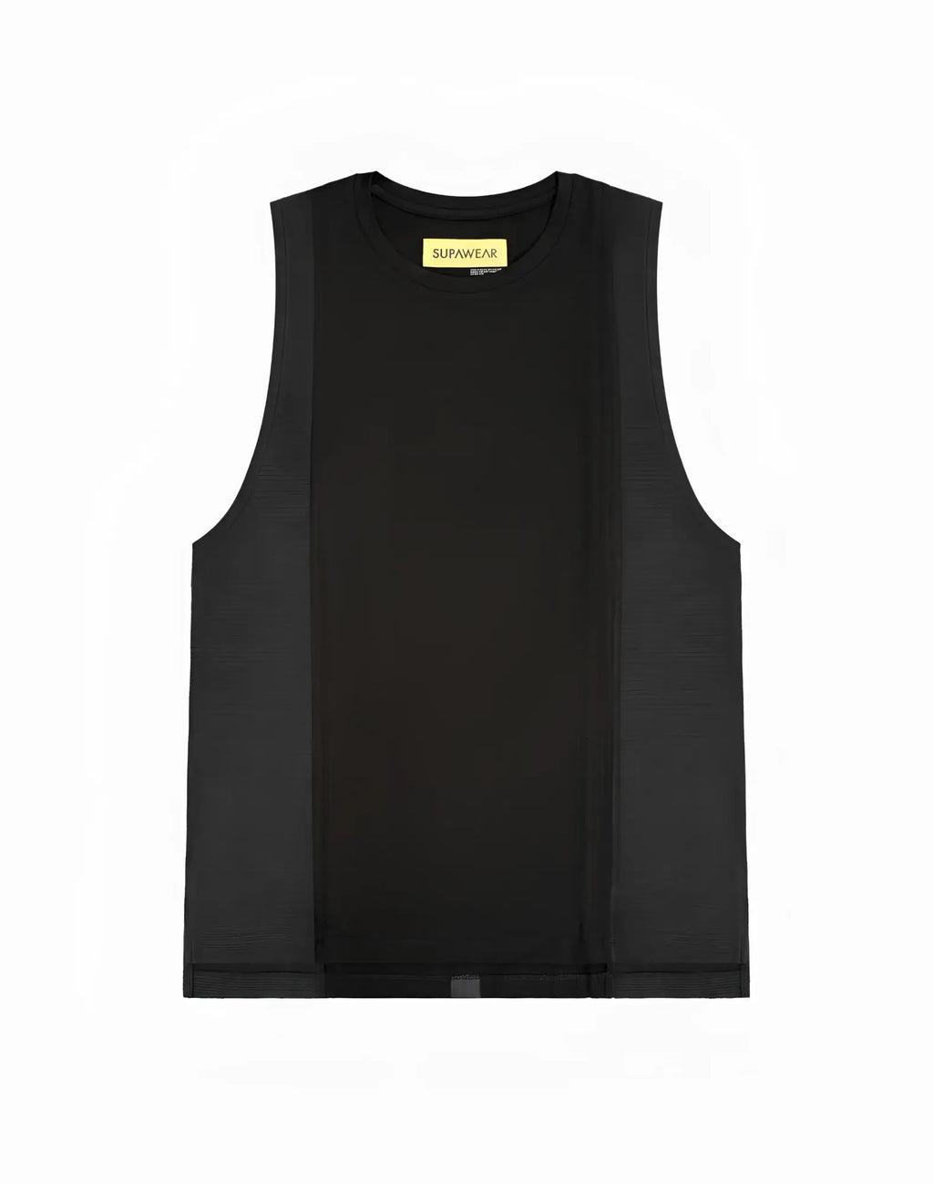 Black sleeveless SUPAWEAR Supa Pro Singlet with textured mesh side panels and a yellow brand tag at the neckline