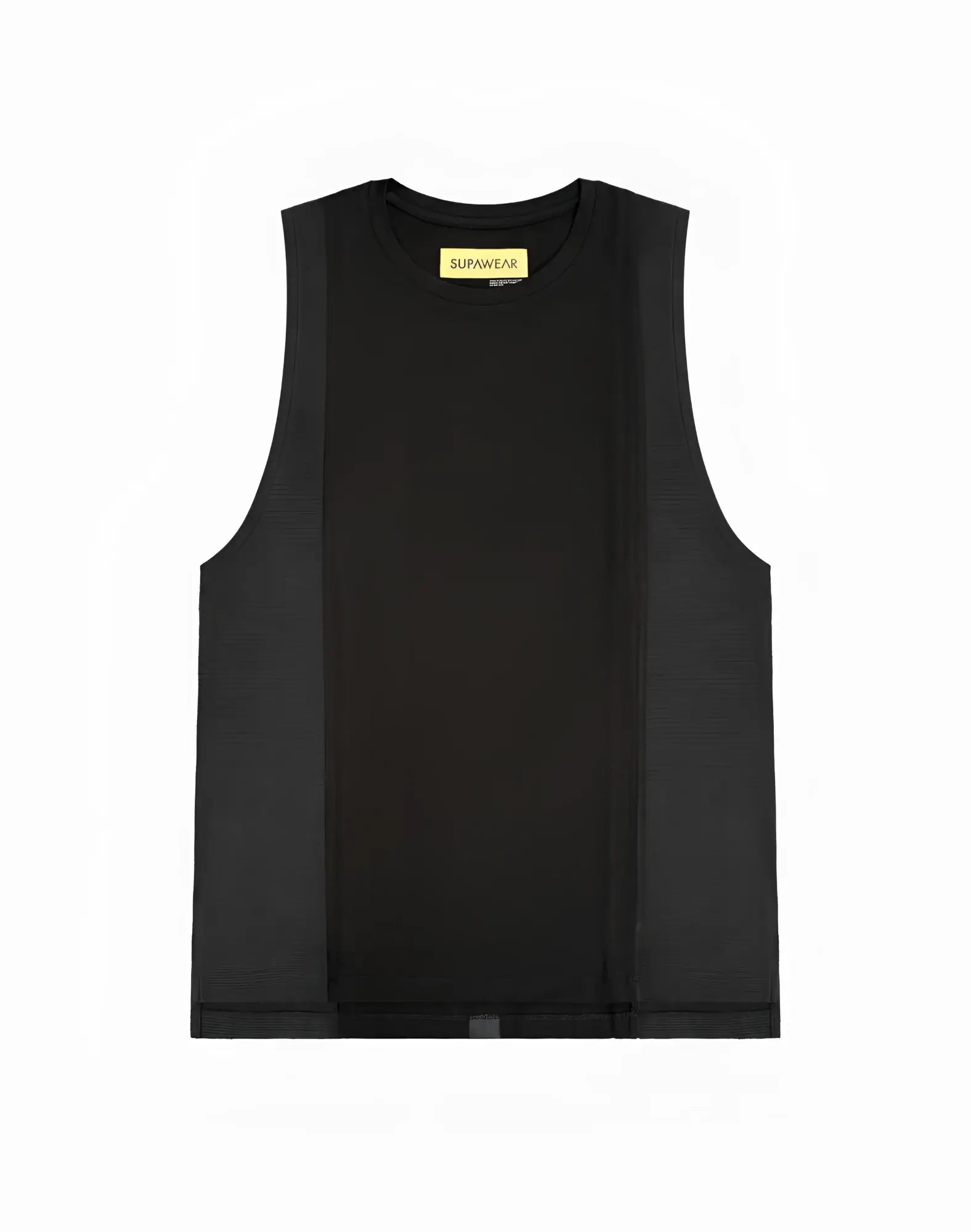 Black sleeveless SUPAWEAR Supa Pro Singlet with textured mesh side panels and a yellow brand tag at the neckline