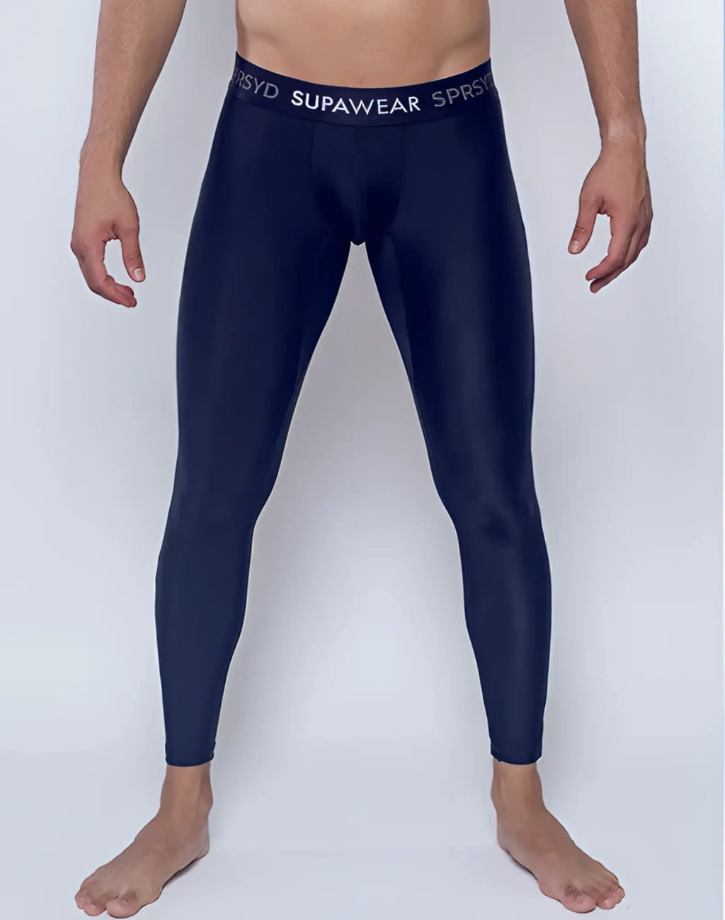 Navy blue supawear compression leggings with white elastic waistband featuring brand name for training use