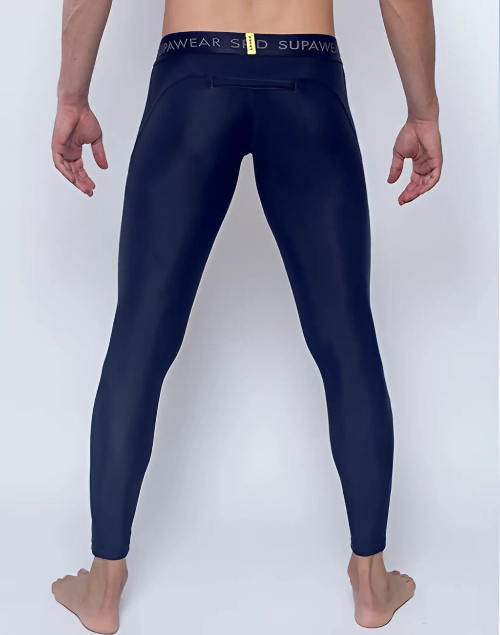 Navy blue supawear supa pro training tights with elastic waistband and rear pocket detail shown from the back side