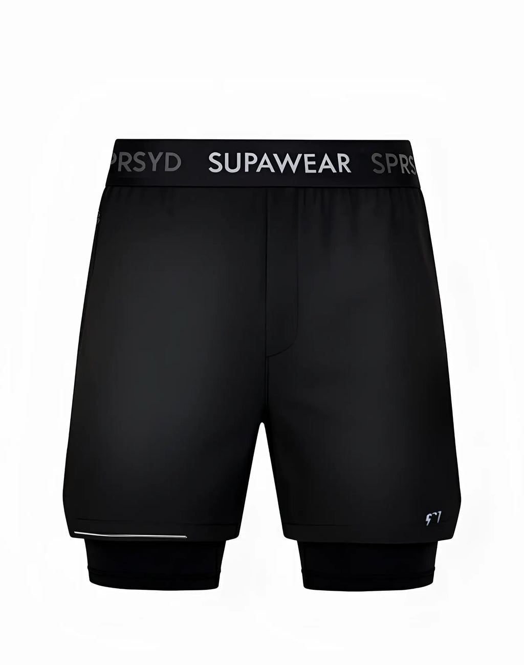 Black supawear supa pro workout shorts with double layer design and white branding on the waistband