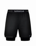 Black supawear supa pro workout shorts with double layer design and white branding on the waistband