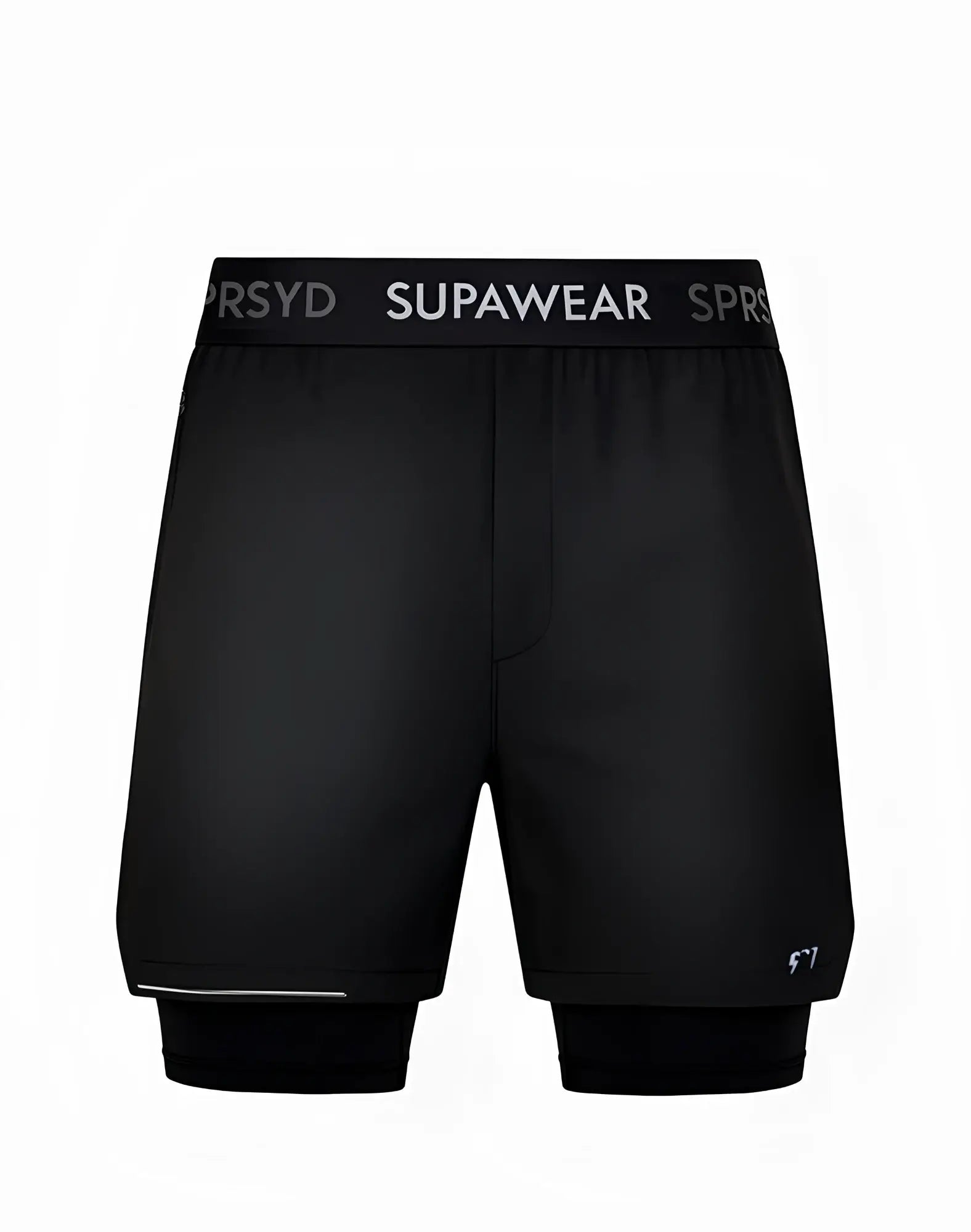 Black supawear supa pro workout shorts with double layer design and white branding on the waistband