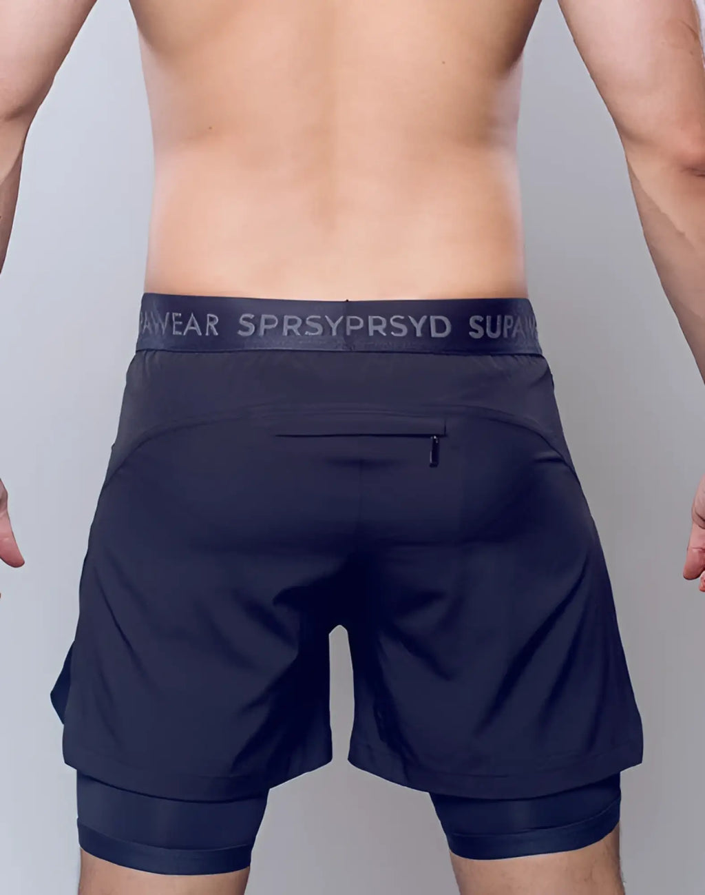 Black supawear supa pro workout shorts with textured supreme waistband and inner matching fabric layer