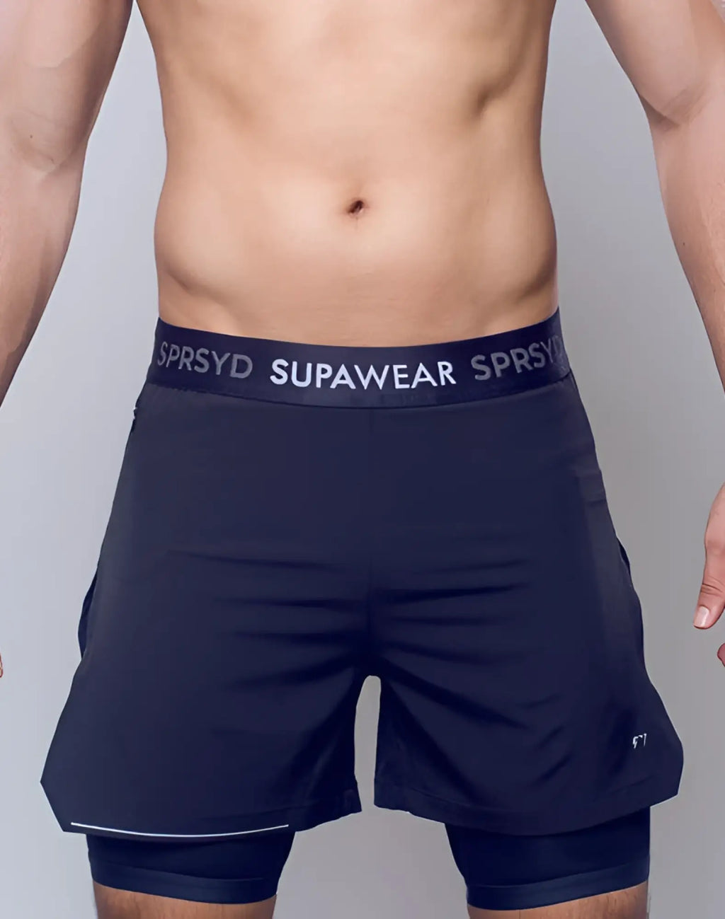 Black supawear supa pro workout shorts with contrasting white waistband and subtle side panel detailing