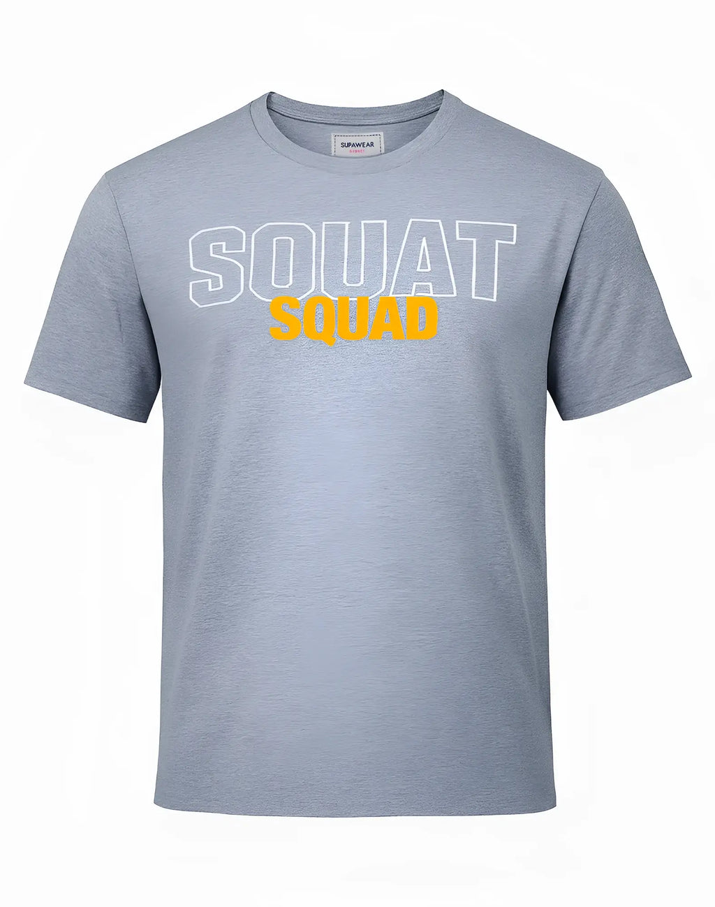 Gray heathered cotton supawear supa t-shirt with squat in white outline letters and squad in solid yellow