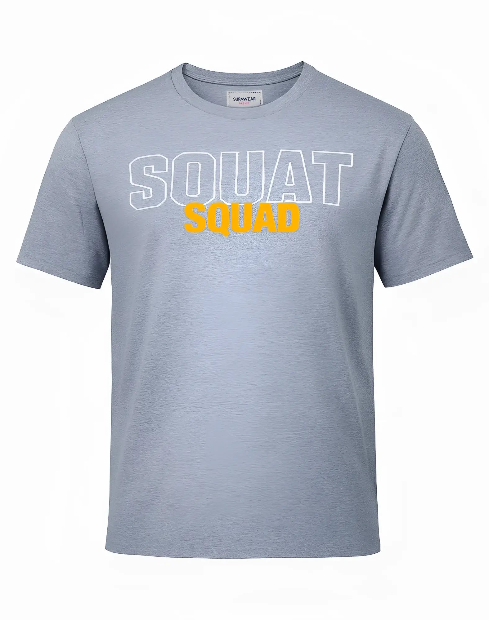 Gray heathered cotton supawear supa t-shirt with squat in white outline letters and squad in solid yellow